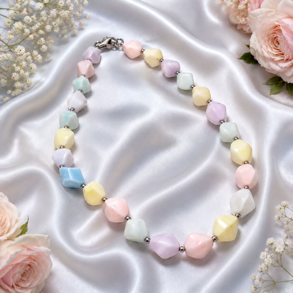 Vintage 1980s Pastel Plastic Bead Necklace 24 Inch